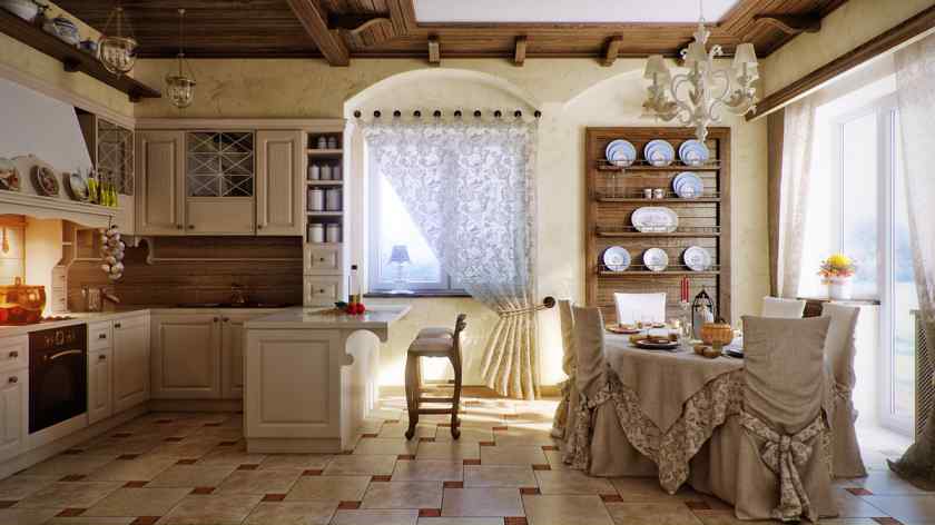 Сочетание цветов в интерьере кухни и столовой в стиле кантри